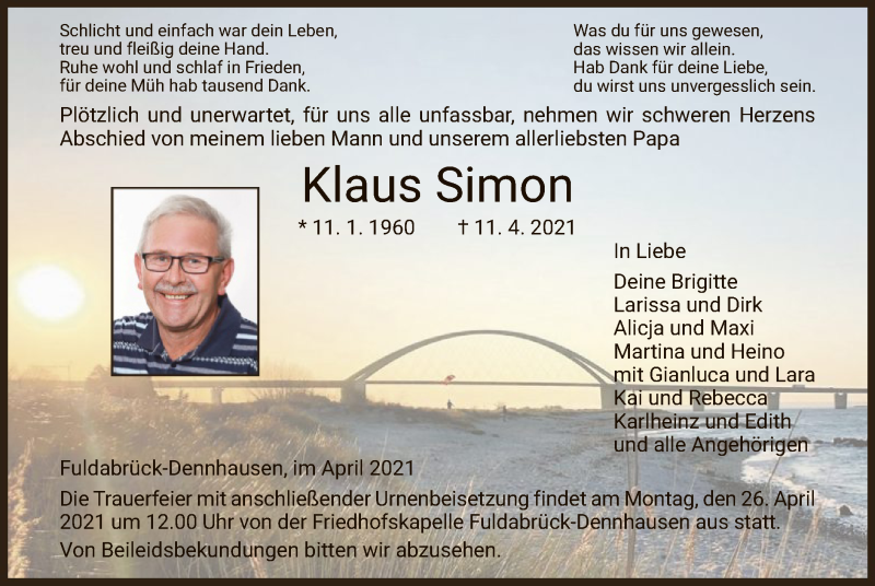  Traueranzeige für Klaus Simon vom 23.04.2021 aus HNA