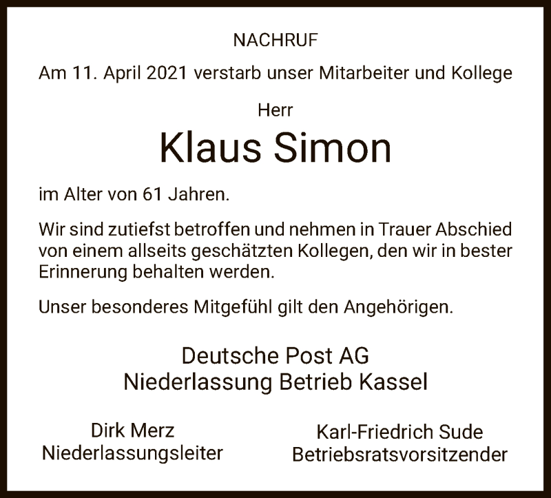  Traueranzeige für Klaus Simon vom 24.04.2021 aus HNA
