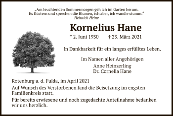 Traueranzeige von Kornelius Hane von HNA