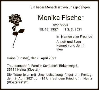 Traueranzeige von Monika Fischer von HNA