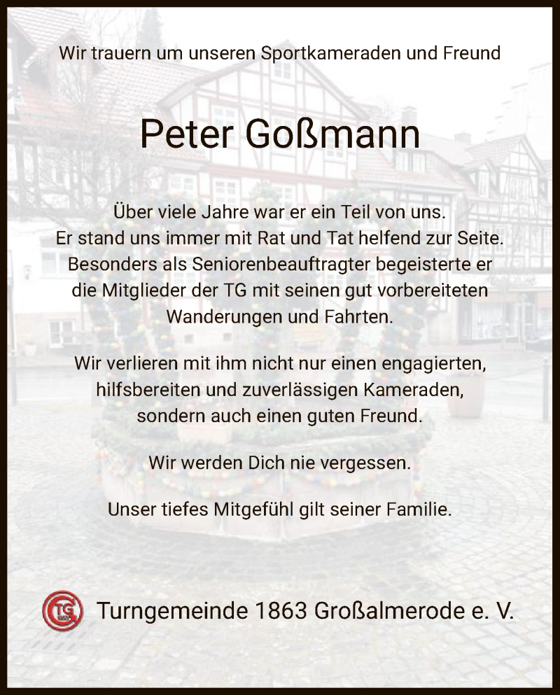 Traueranzeigen Von Peter Gossmann Trauer Hna De