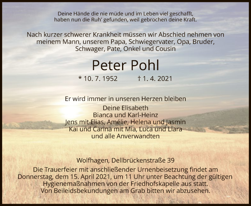  Traueranzeige für Peter Pohl vom 10.04.2021 aus HNA