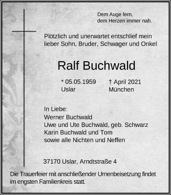 Traueranzeige von Ralf Buchwald von HNA