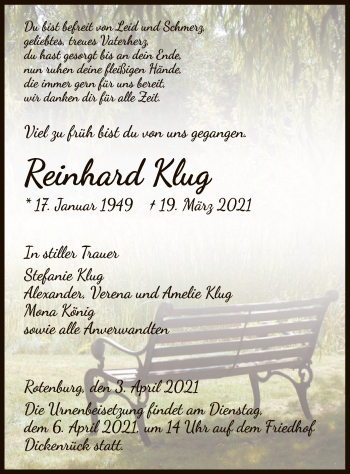 Traueranzeige von Reinhard Klug von HNA
