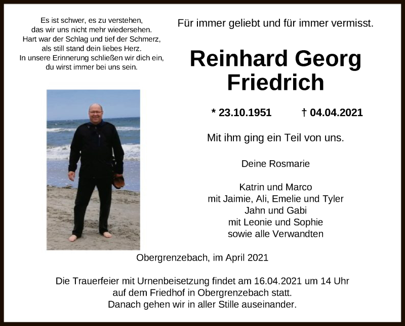  Traueranzeige für Reinhard Georg Friedrich vom 14.04.2021 aus HNA