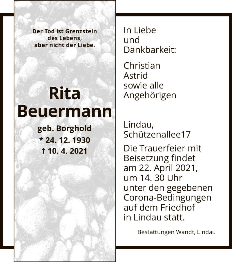  Traueranzeige für Rita Beuermann vom 17.04.2021 aus HNA