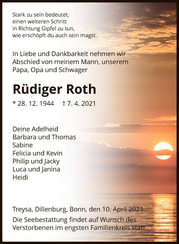  Traueranzeige für Rüdiger Roth vom 10.04.2021 aus HNA