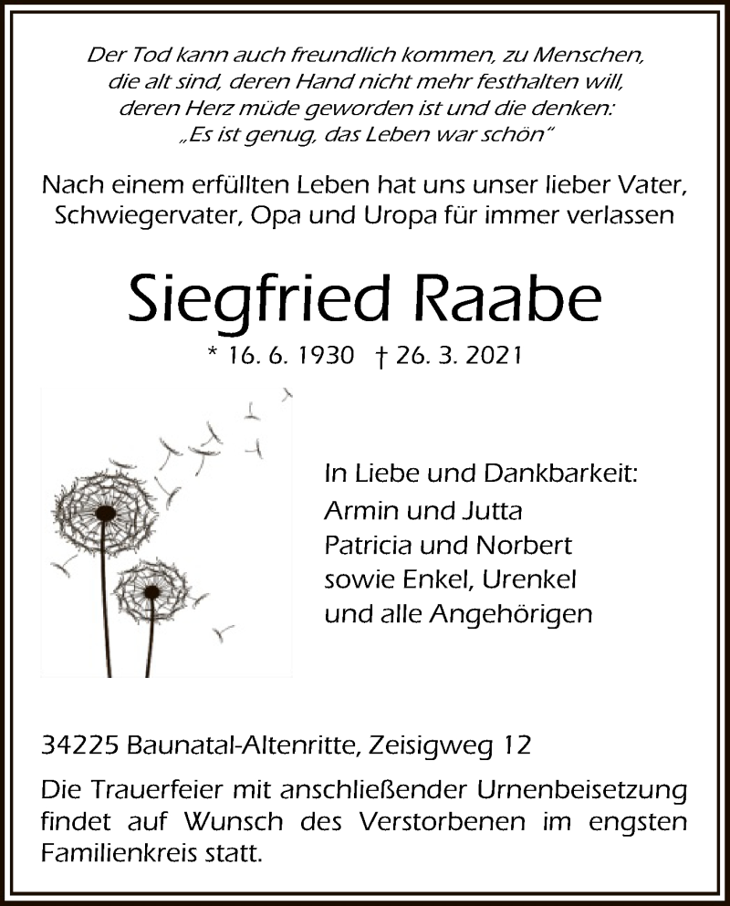  Traueranzeige für Siegfried Raabe vom 03.04.2021 aus HNA