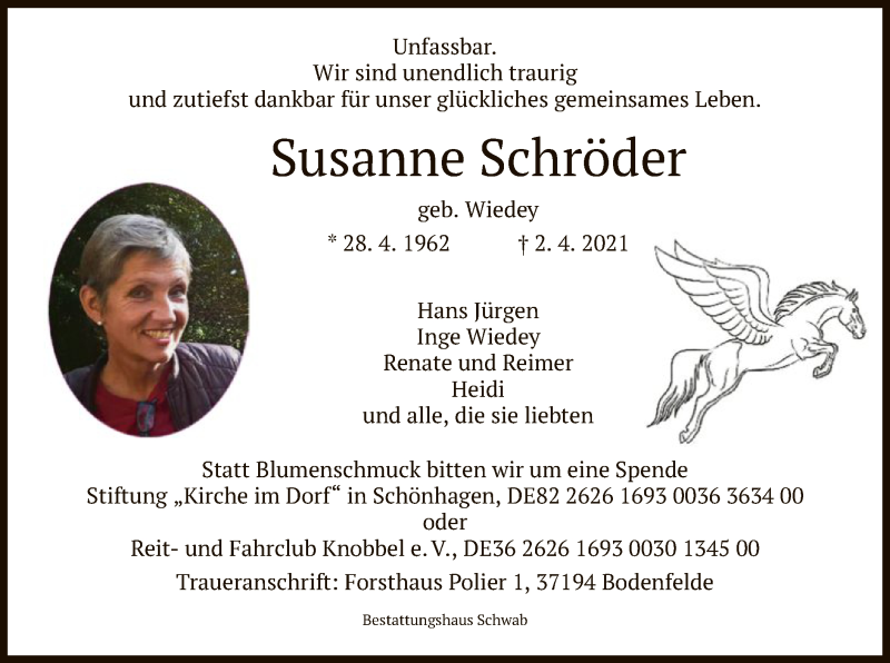  Traueranzeige für Susanne Schröder vom 07.04.2021 aus HNA