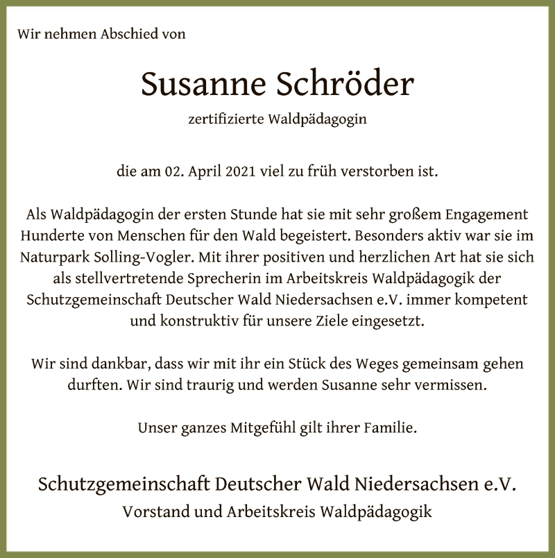  Traueranzeige für Susanne Schröder vom 09.04.2021 aus HNA
