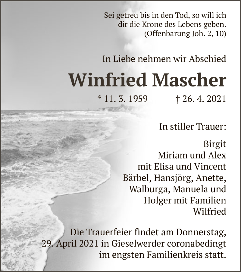  Traueranzeige für Winfried Mascher vom 28.04.2021 aus HNA