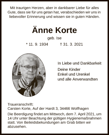 Traueranzeige von Änne Korte von HNA