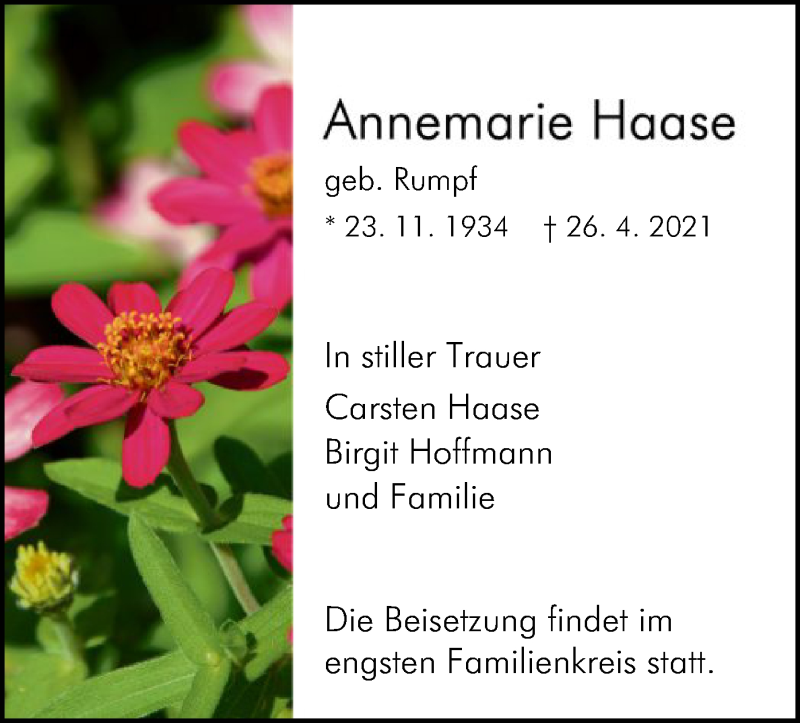  Traueranzeige für Annemarie Haase vom 01.05.2021 aus HNA