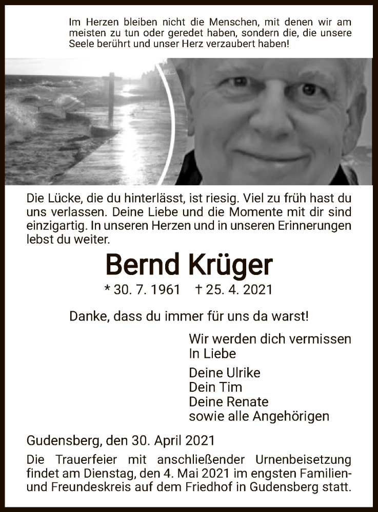  Traueranzeige für Bernd Krüger vom 01.05.2021 aus HNA