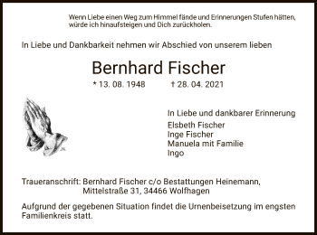 Traueranzeige von Bernhard Fischer von HNA