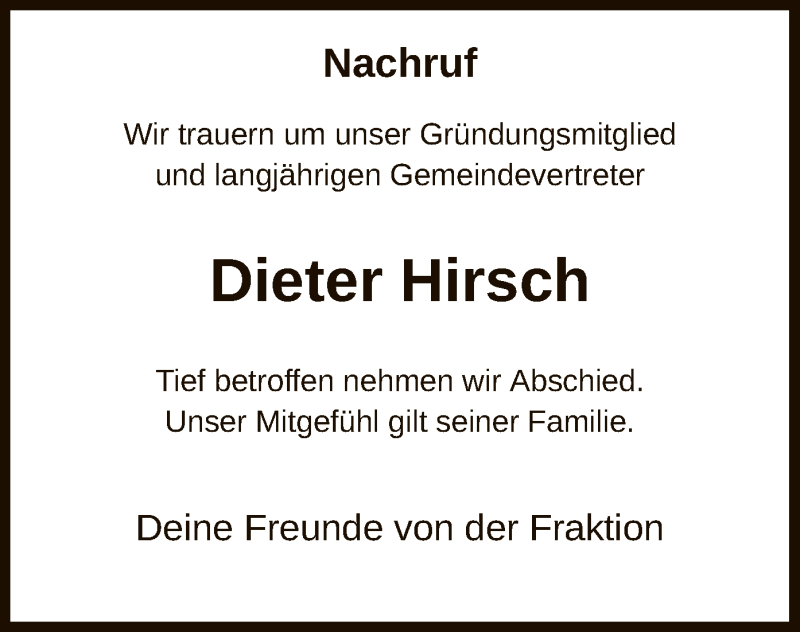  Traueranzeige für Dieter Hirsch vom 08.05.2021 aus HNA