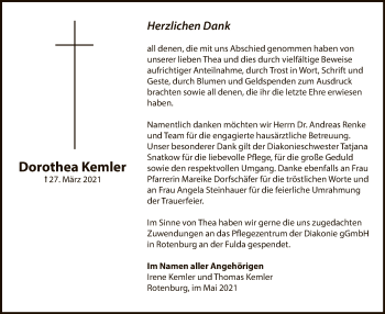 Traueranzeige von Dorothea Kemler von HNA
