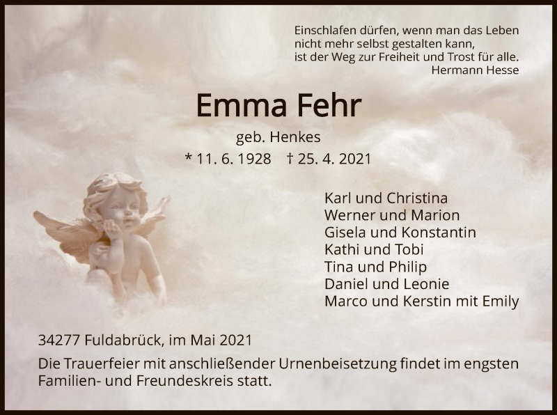  Traueranzeige für Emma Fehr vom 01.05.2021 aus HNA