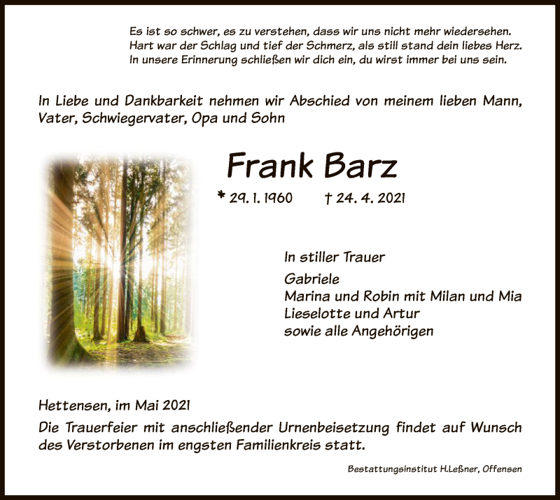  Traueranzeige für Frank Barz vom 01.05.2021 aus HNA