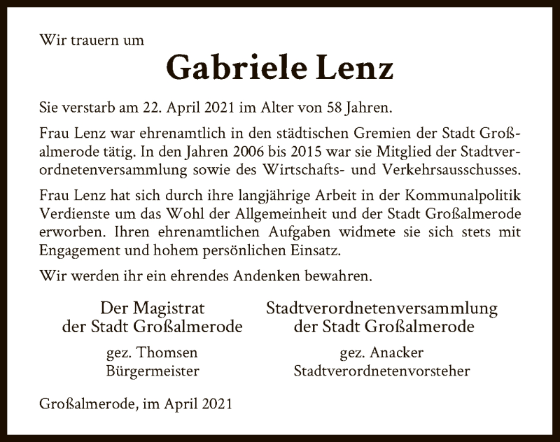  Traueranzeige für Gabriele Lenz vom 08.05.2021 aus HNA