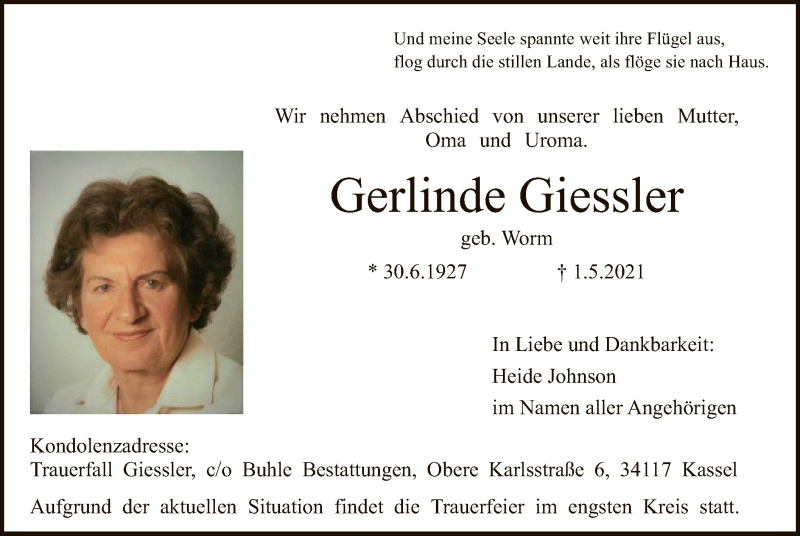  Traueranzeige für Gerlinde Giessler vom 08.05.2021 aus HNA