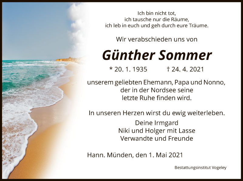  Traueranzeige für Günther Sommer vom 01.05.2021 aus HNA