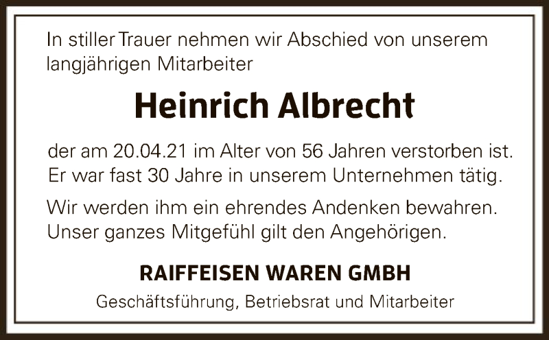  Traueranzeige für Heinrich Albrecht vom 05.05.2021 aus HNA
