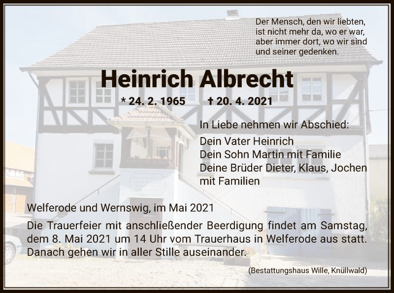  Traueranzeige für Heinrich Albrecht vom 05.05.2021 aus HNA