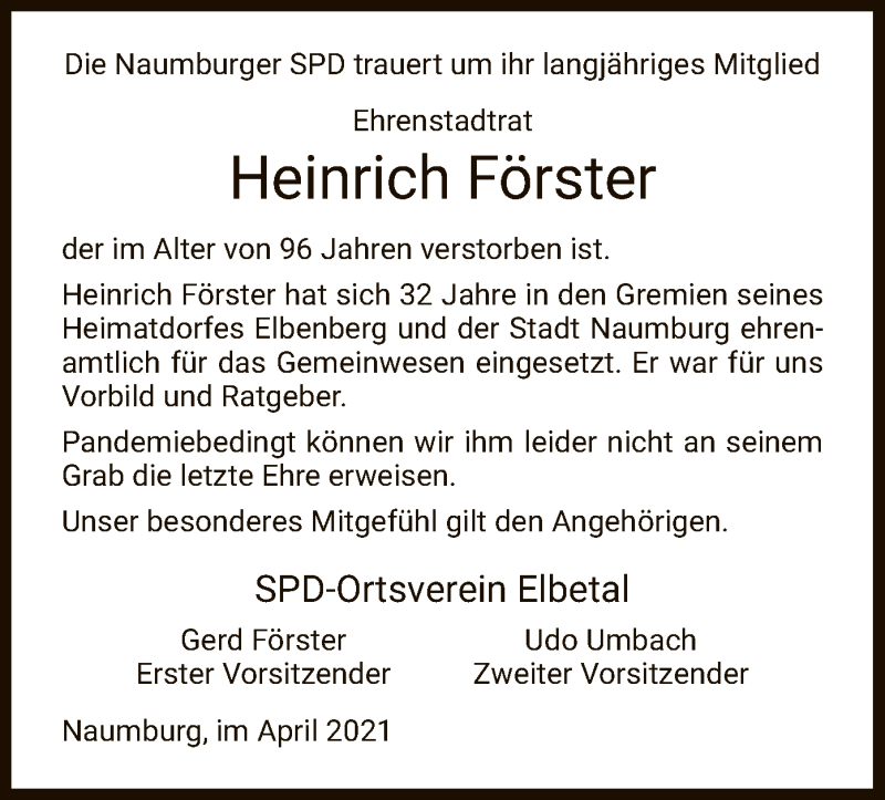  Traueranzeige für Heinrich Förster vom 01.05.2021 aus HNA