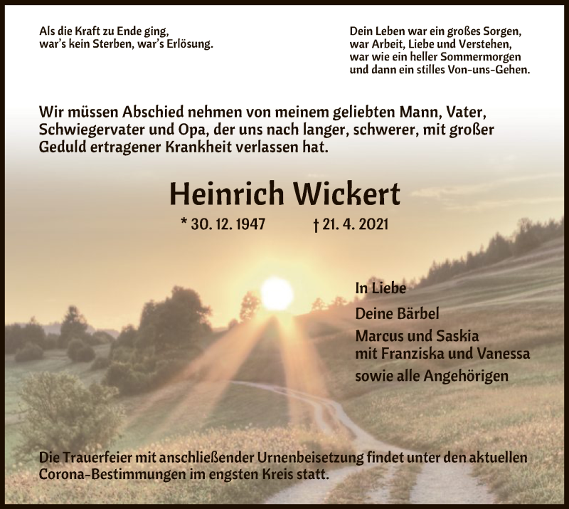  Traueranzeige für Heinrich Wickert vom 08.05.2021 aus HNA