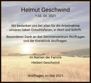 Traueranzeige von Helmut Geschwind von HNA