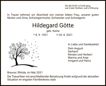 Traueranzeige von Hildegard Götte von HNA