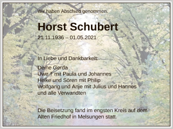 Traueranzeige von Horst Schubert von HNA