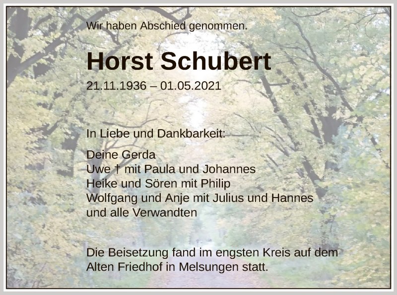  Traueranzeige für Horst Schubert vom 08.05.2021 aus HNA
