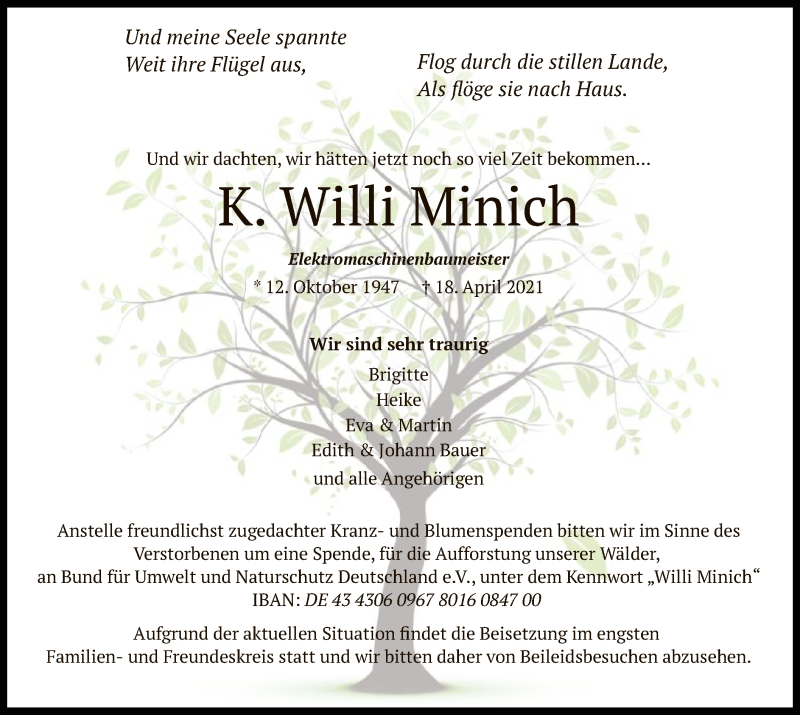  Traueranzeige für K. Willi Minich vom 01.05.2021 aus HNA