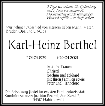Traueranzeige von Karl-Heinz Berthel von HNA