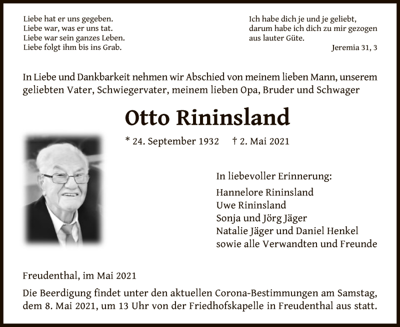  Traueranzeige für Otto Rininsland vom 05.05.2021 aus HNA