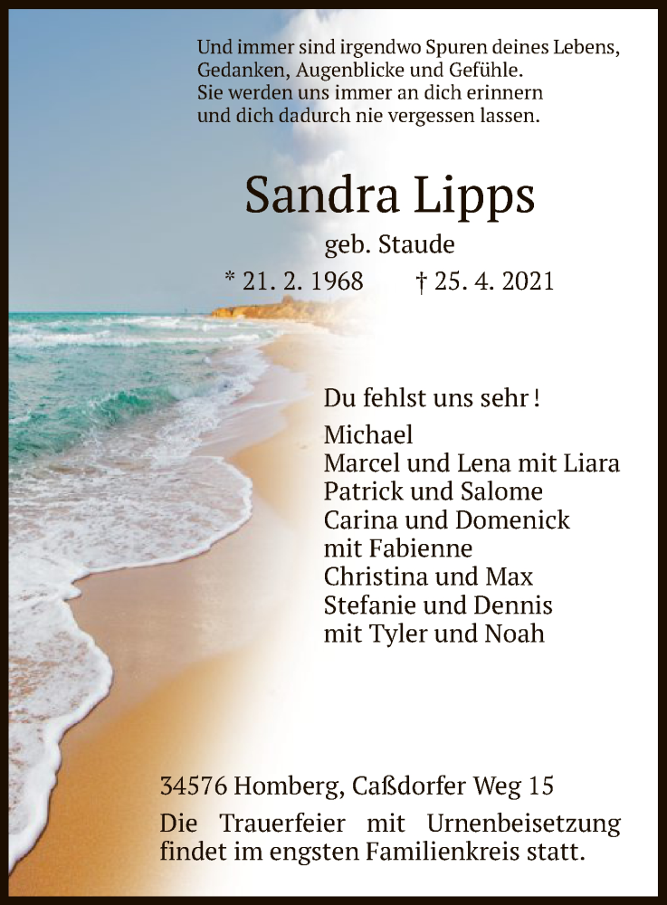  Traueranzeige für Sandra Lipps vom 01.05.2021 aus HNA
