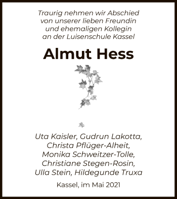 Traueranzeige von Almut Hess von HNA