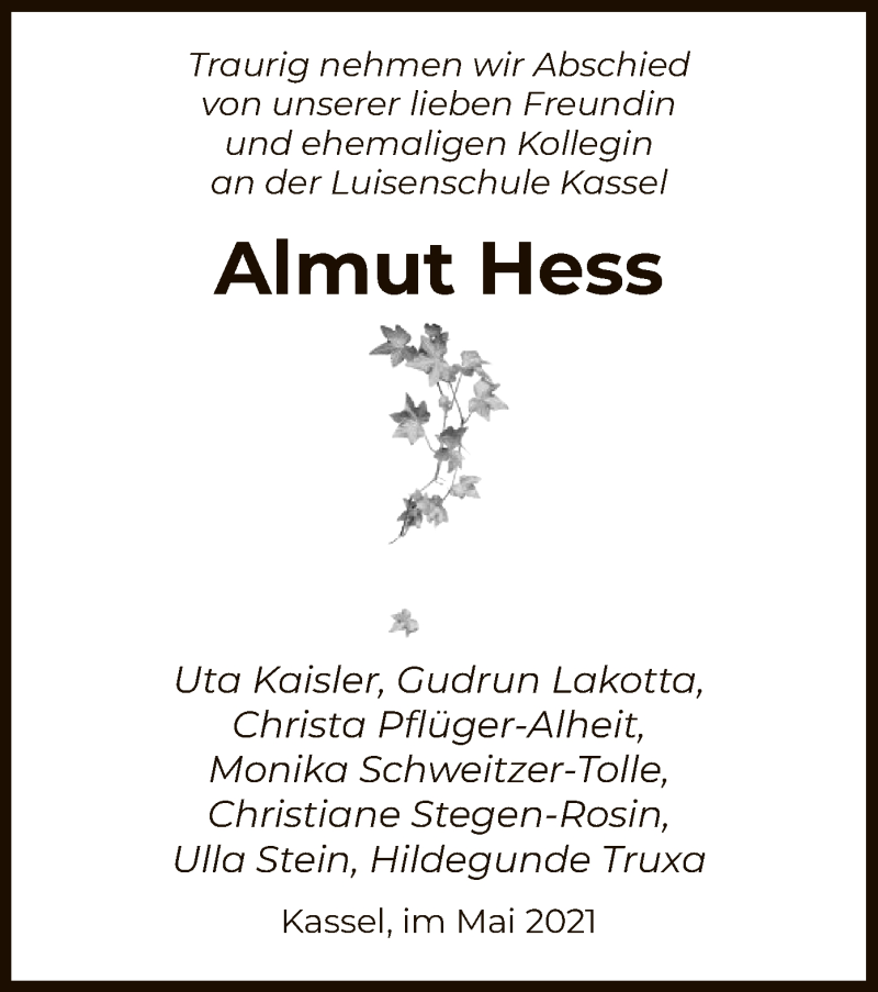  Traueranzeige für Almut Hess vom 22.05.2021 aus HNA