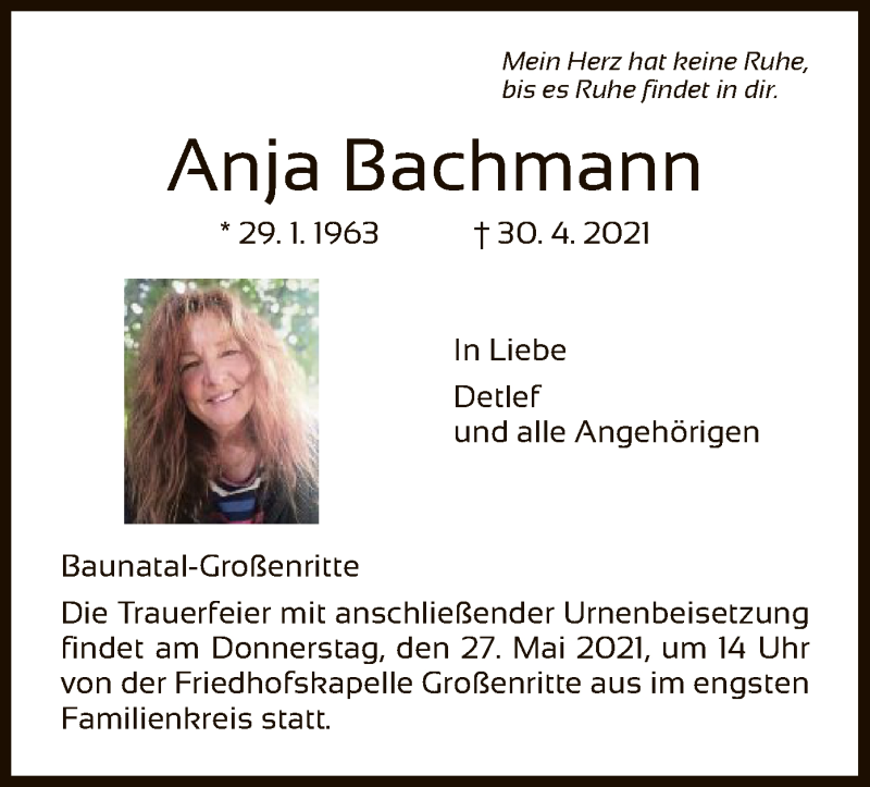  Traueranzeige für Anja Bachmann vom 22.05.2021 aus HNA