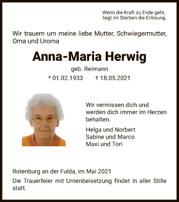 Traueranzeige von Anna-Maria Herwig von HNA