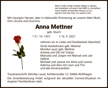 Traueranzeige von Anna Mettner von HNA