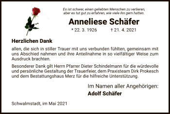 Traueranzeige von Anneliese Schäfer von HNA