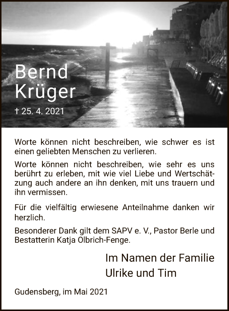  Traueranzeige für Bernd Krüger vom 22.05.2021 aus HNA