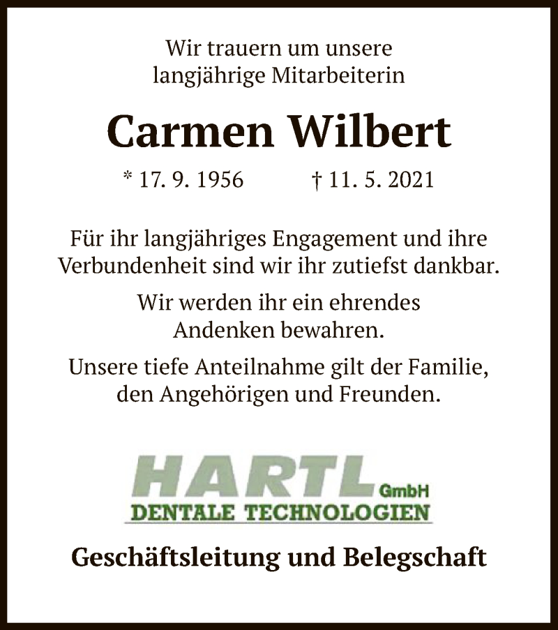  Traueranzeige für Carmen Wilbert vom 15.05.2021 aus HNA