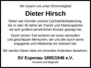Traueranzeige von Dieter Hirsch von HNA