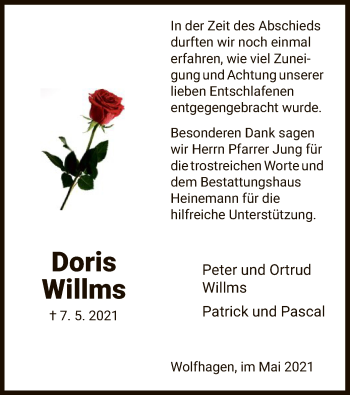 Traueranzeige von Doris Willms von HNA
