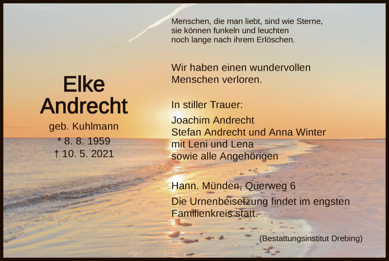  Traueranzeige für Elke Andrecht vom 15.05.2021 aus HNA