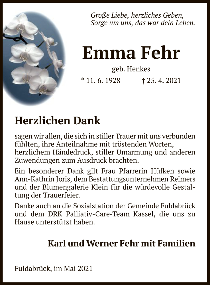  Traueranzeige für Emma Fehr vom 19.05.2021 aus HNA